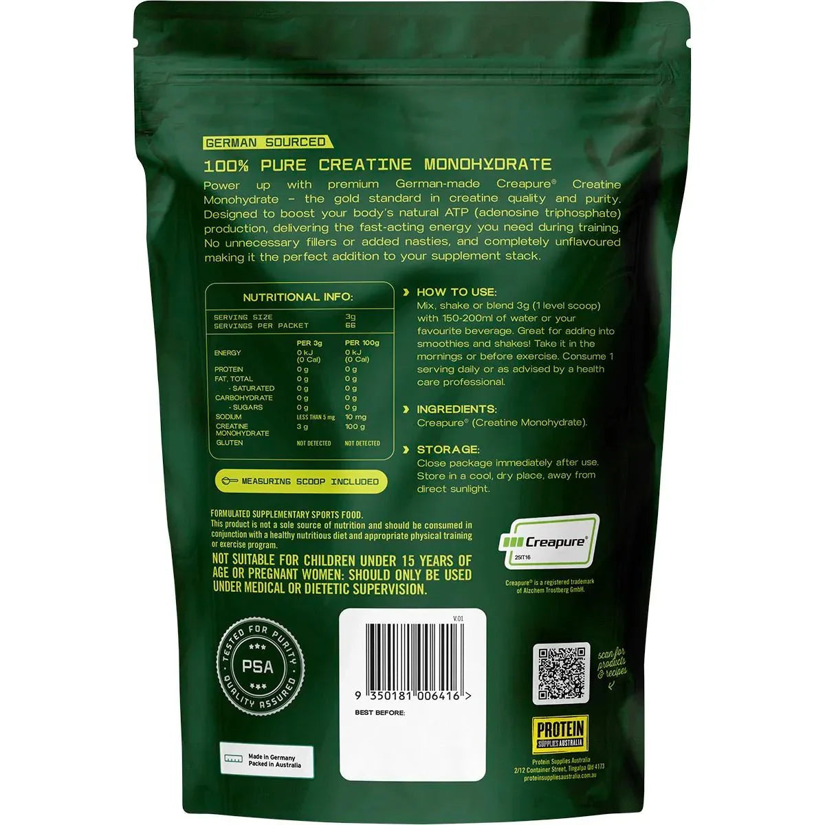 Back of German Sourced Creatine Monohydrate - Creapure® - 200g with nutritional info and usage instructions by Protein Supplies Australia