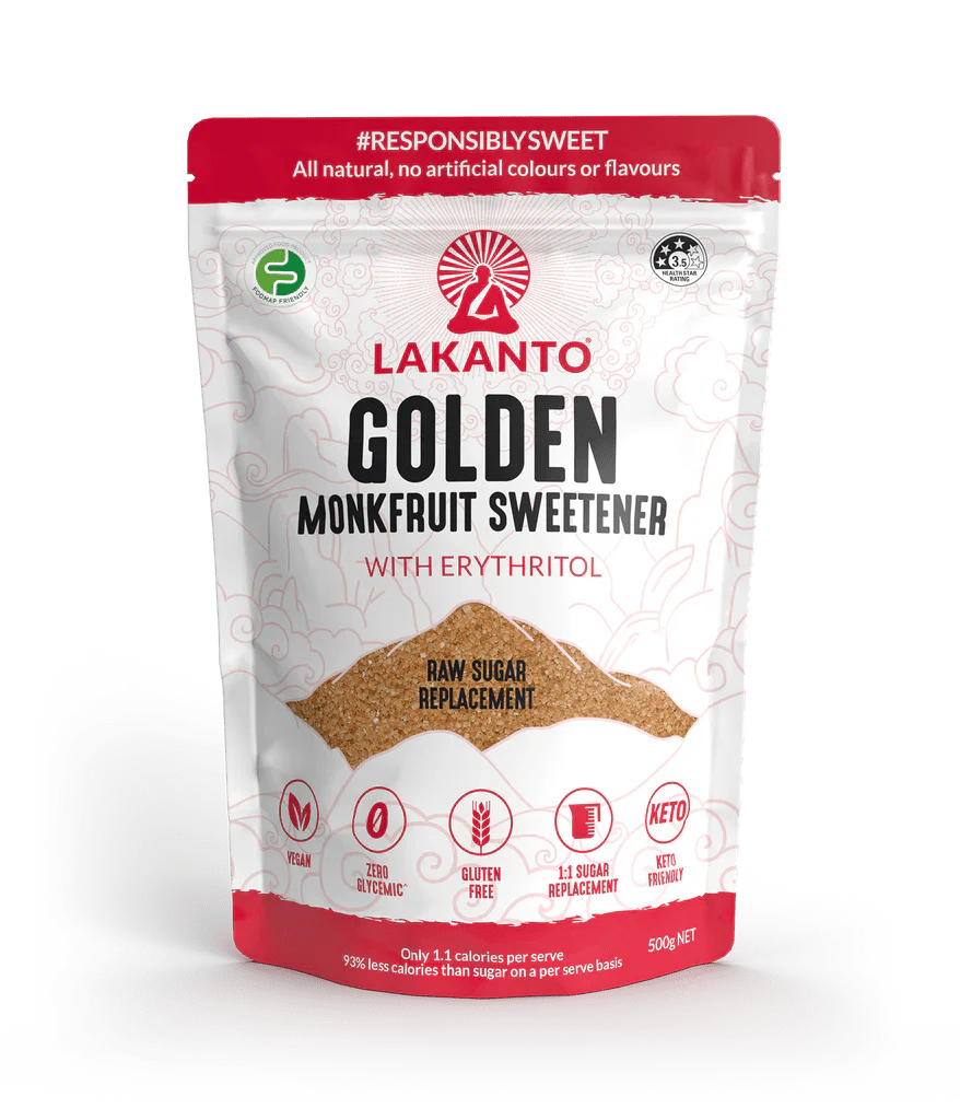 Lakanto Golden Monkfruit Sweetener pouch with erythritol, a raw sugar alternative from the Sweeteners and Low Carb collections.