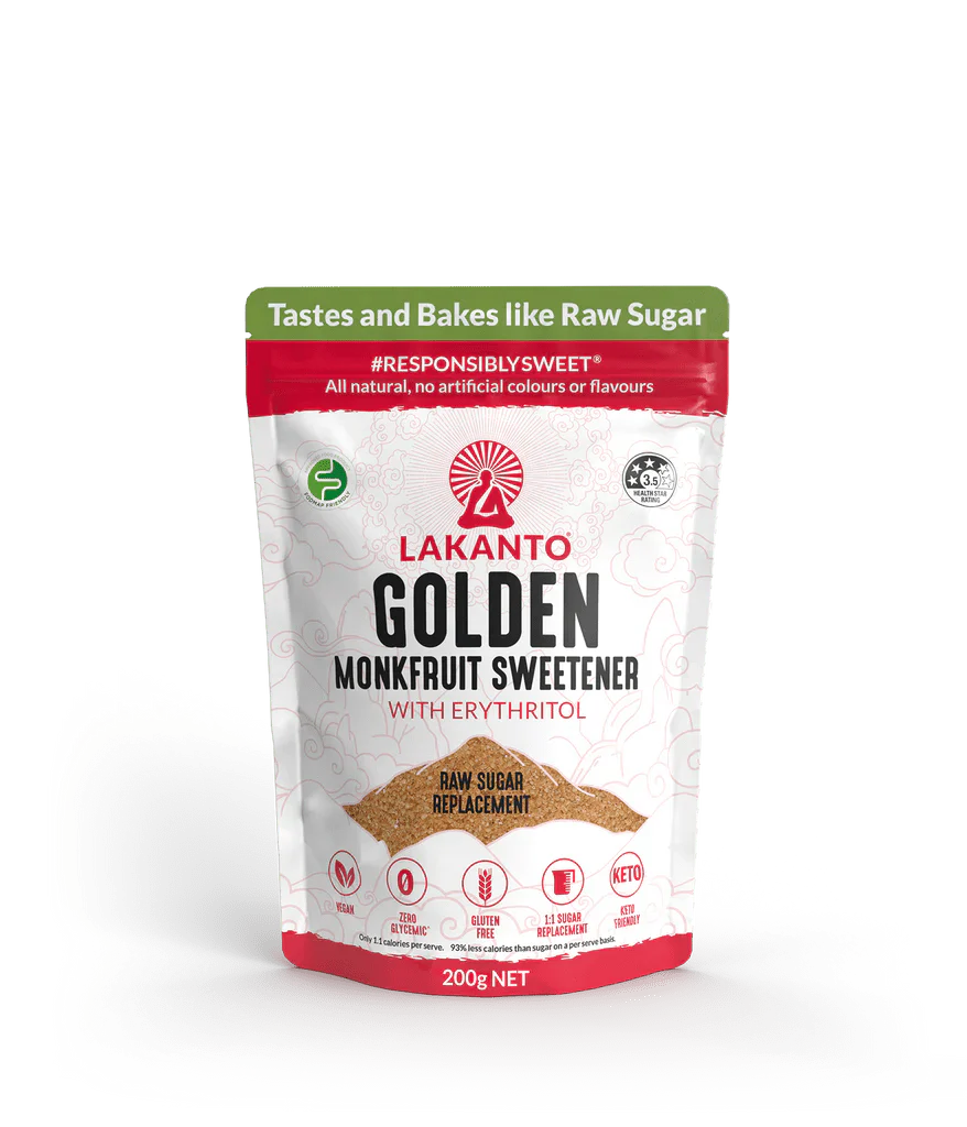 Lakanto Golden Monkfruit Sweetener pouch displayed as raw sugar substitute in Sweeteners and Low Carb collections