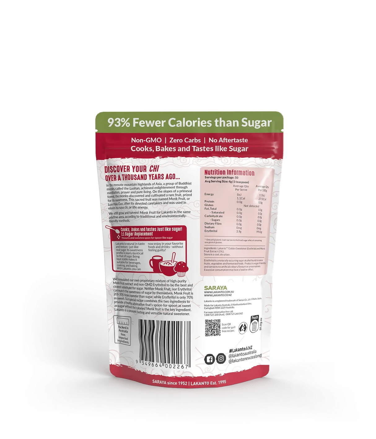 Back of Golden Monkfruit Sweetener pack by Lakanto showing nutritional info and product benefits in red and white design