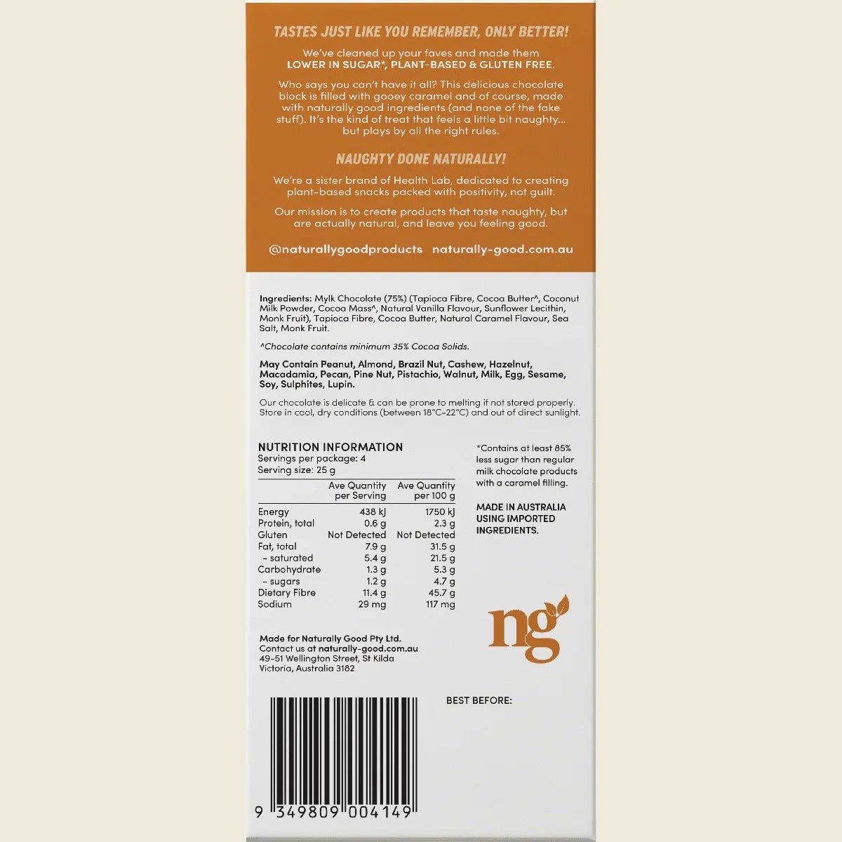 Back of package for Gooey Caramel Filled Chocolate Block - 100g by Naturally Good with ingredients and nutrition facts.