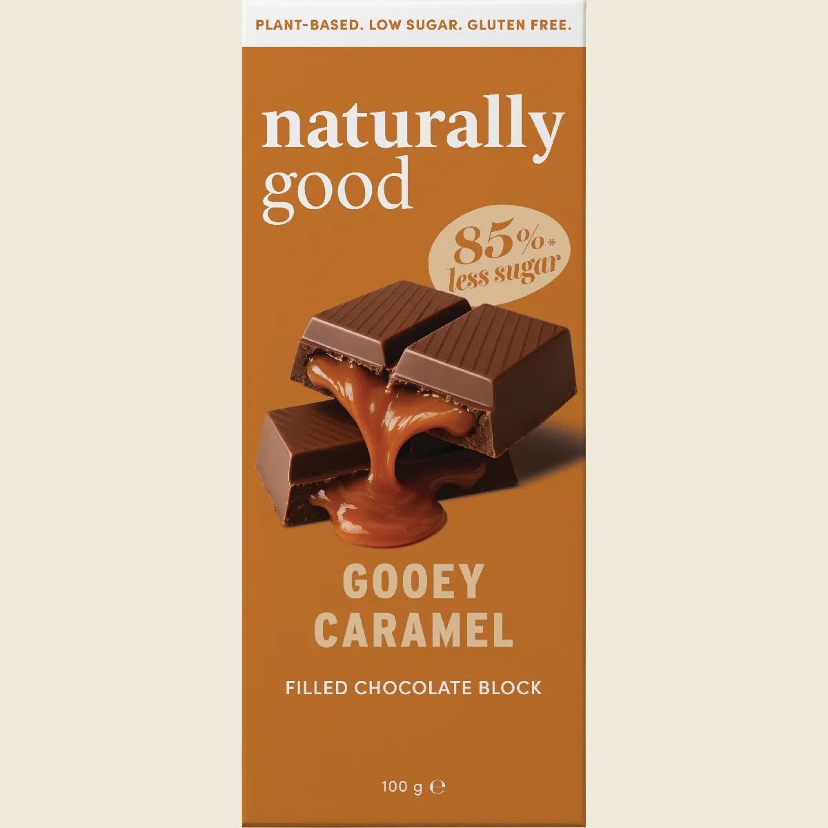 Gooey Caramel Filled Chocolate Block - 100g showing melting caramel oozing from chocolate squares by Naturally Good