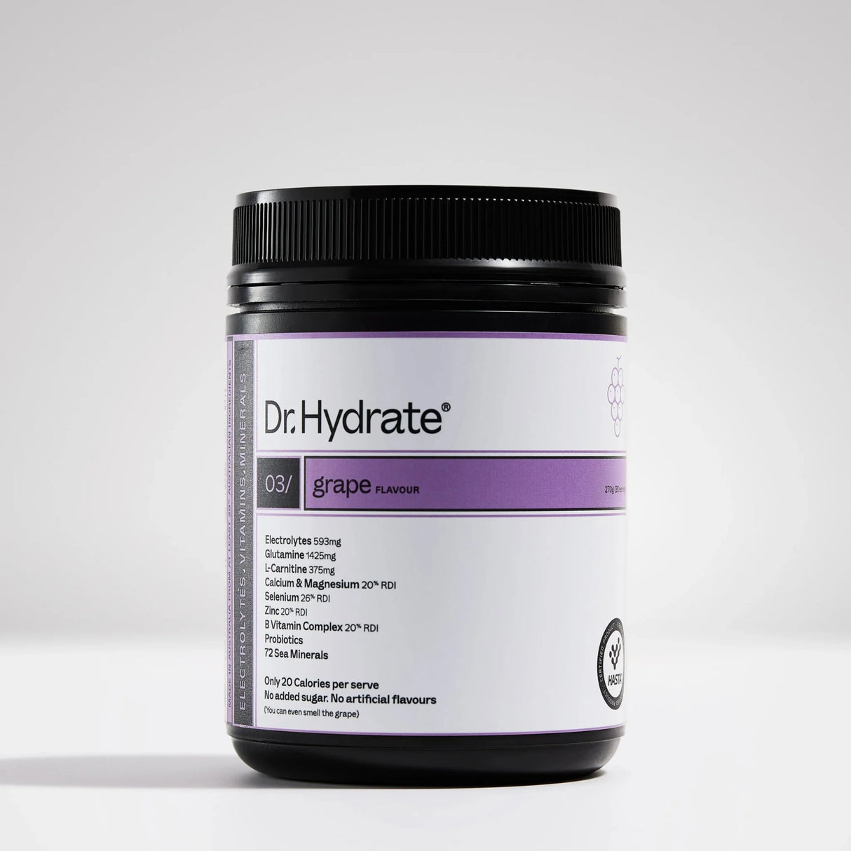 Grape Jar - 30 Serves by Dr. Hydrate in black container with purple label from Electrolytes and Drinks collections.