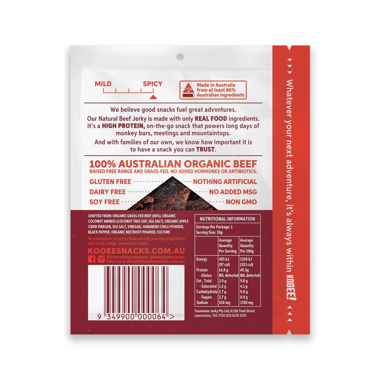 Back of pack of Grass Fed Beef Jerky - Habanero Chilli - 30g by KOOEE! showing ingredient and nutrition details.