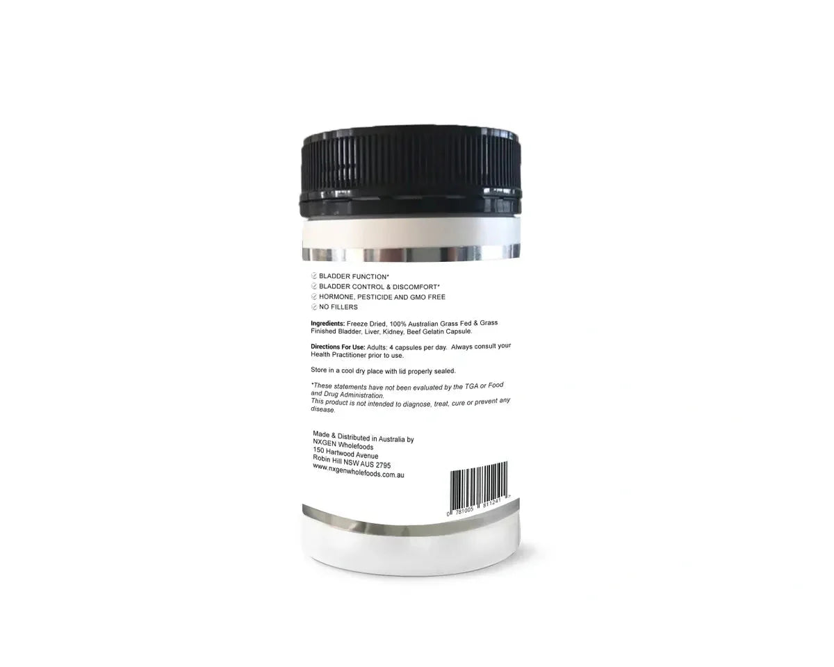 Back label of Grass Fed Bladder - 160 Capsules by NXGEN Wholefoods with ingredient and usage details visible