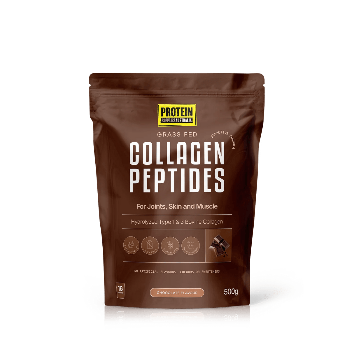 Packaging of Grass Fed Collagen Peptides - Chocolate - 500g by Protein Supplies Australia, highlighting hydrolyzed bovine collagen for joint and skin support.