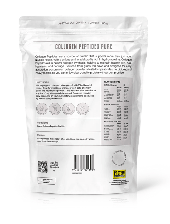 Back view of Grass Fed Collagen Peptides - Pure - 1kg by Protein Supplies Australia packaging with nutrition and usage info.