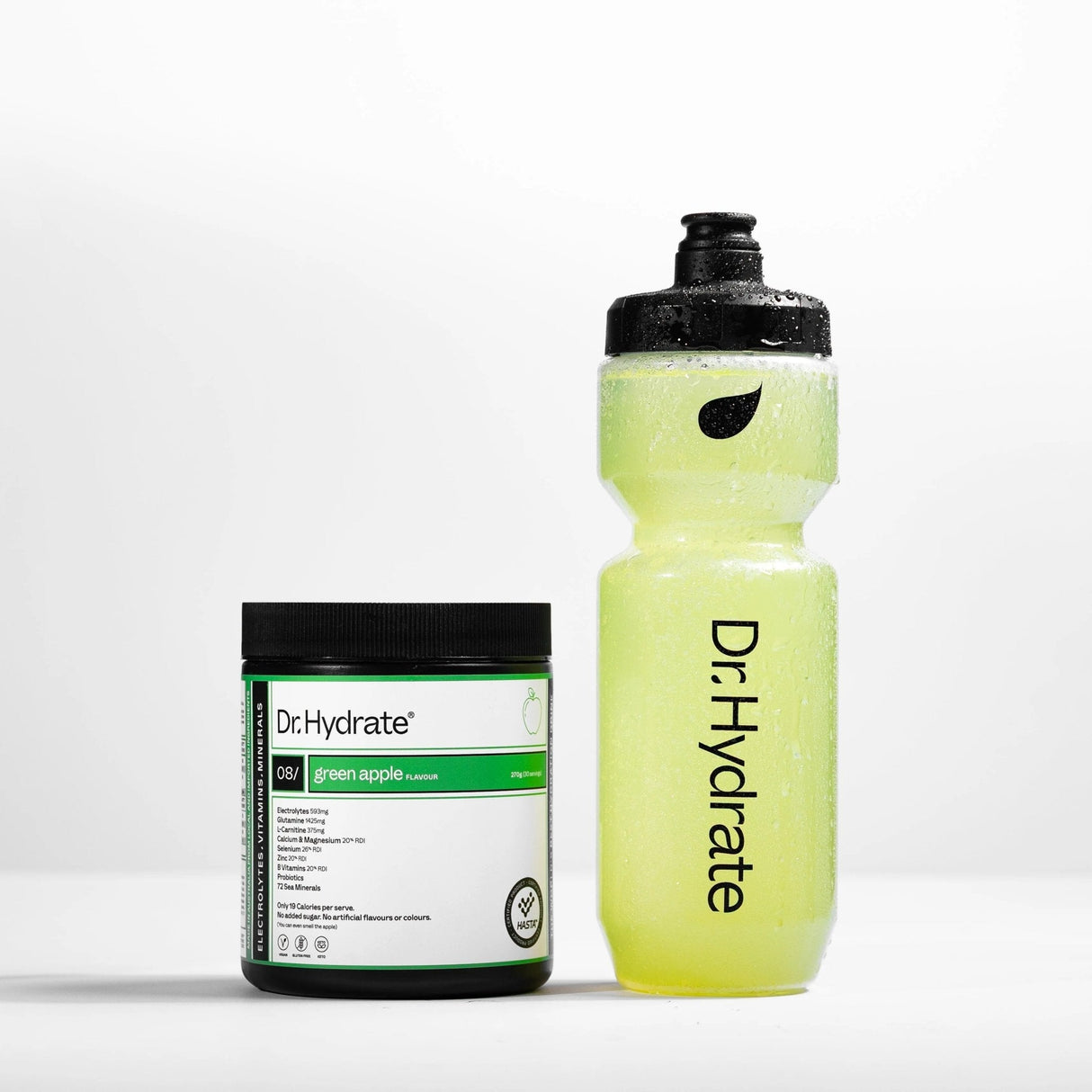 Green Apple Jar - 30 Serves by Dr. Hydrate next to a matching Dr Hydrate yellow-green water bottle from Electrolytes collection