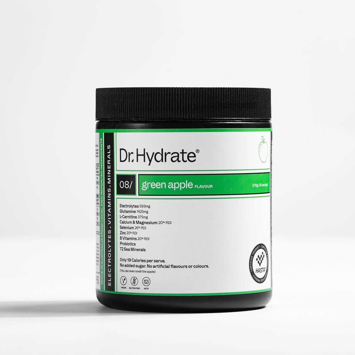Green Apple Jar - 30 Serves by Dr. Hydrate, electrolyte blend with vitamins, minerals, and no artificial additives.