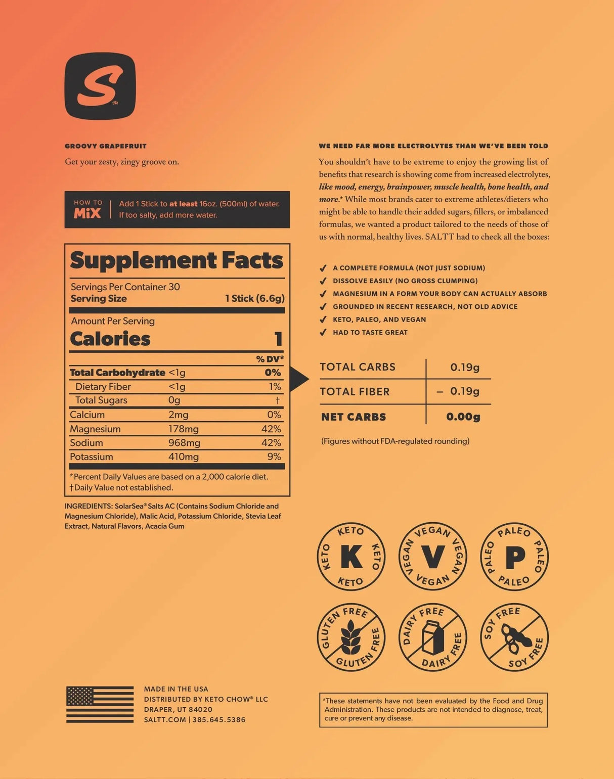Groovy Grapefruit Electrolyte Drink Mix - 30 Sticks by SALTT with detailed supplement facts and usage instructions.