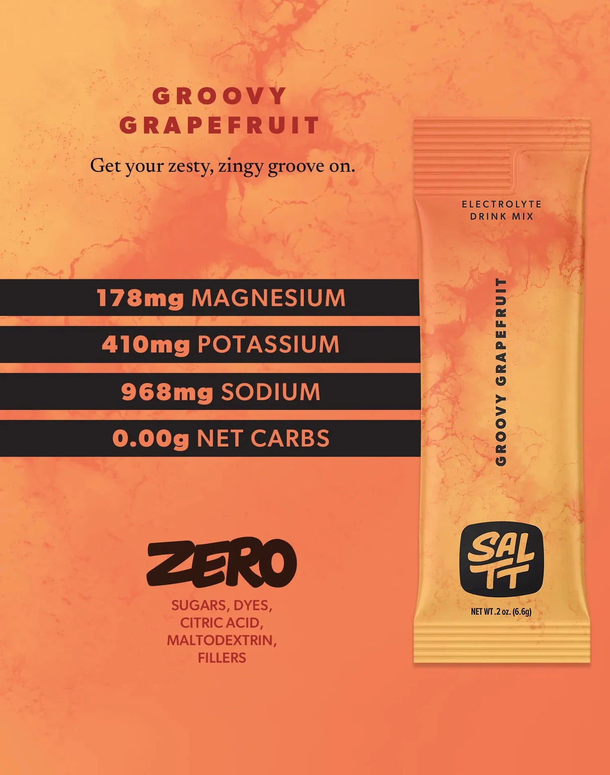 Groovy Grapefruit Electrolyte Drink Mix - 30 Sticks by SALTT with magnesium, potassium, sodium, zero net carbs, zero sugars.
