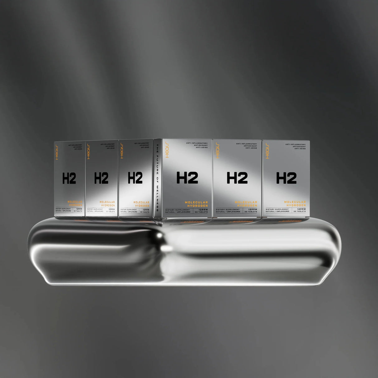 H2 Hydrogen Water - Unflavoured - 30 Tablets by Healr displayed with metallic silver packaging on reflective surface