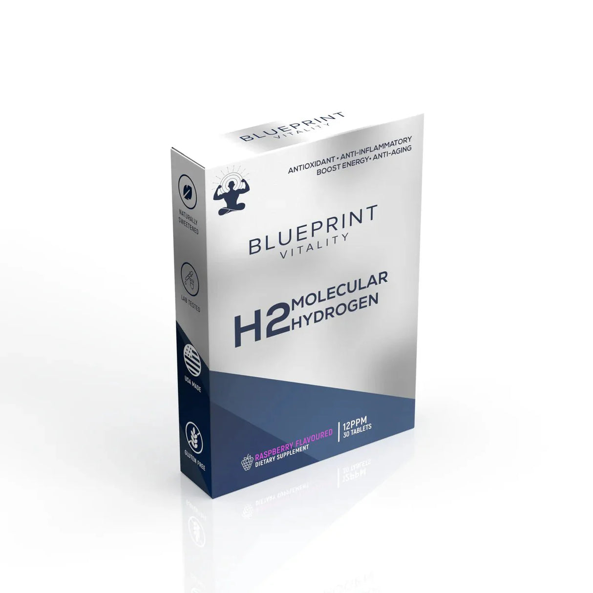 H2 Molecular Hydrogen - Raspberry - 12ppm - 30 Tablets by Blueprint Vitality in sleek white and blue box packaging
