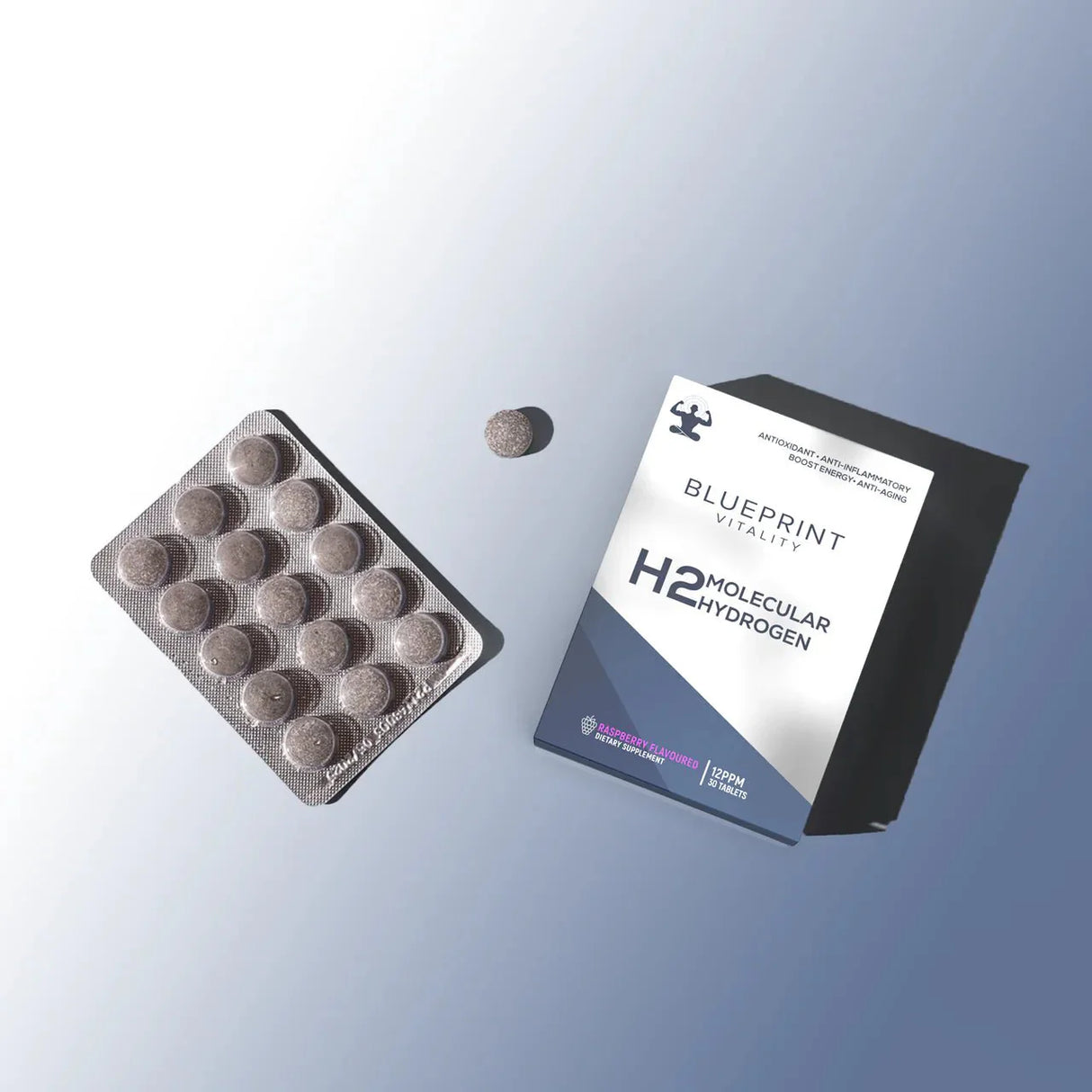 H2 Molecular Hydrogen - Raspberry - 12ppm - 30 Tablets by Blueprint Vitality with blister pack and single tablet displayed