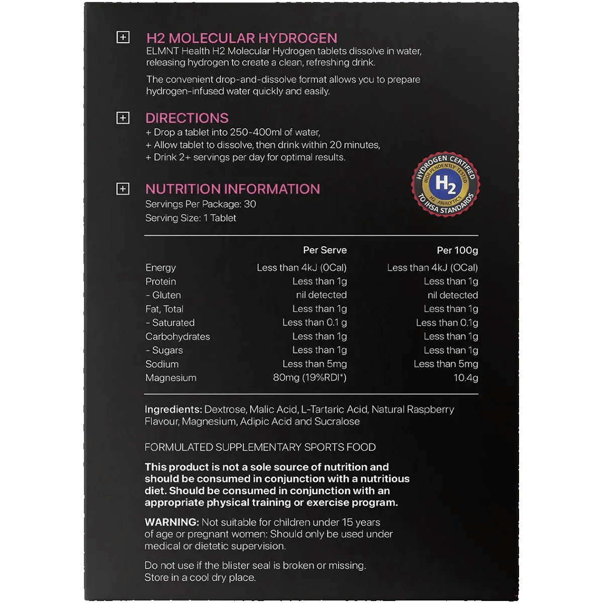 Back of ELMNT H2 Molecular Hydrogen Water Tablets Berry - 30pk packaging showing directions, nutrition facts, and ingredients for New Arrivals and Low Carb collections.