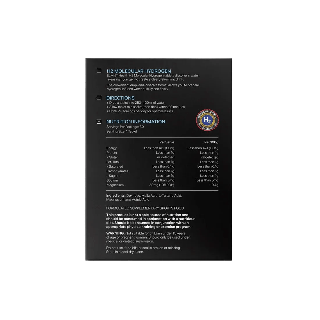 Back of ELMNT H2 Molecular Hydrogen Water Tablets Natural - 30pk box displaying directions and nutrition info, part of OOS Deals.