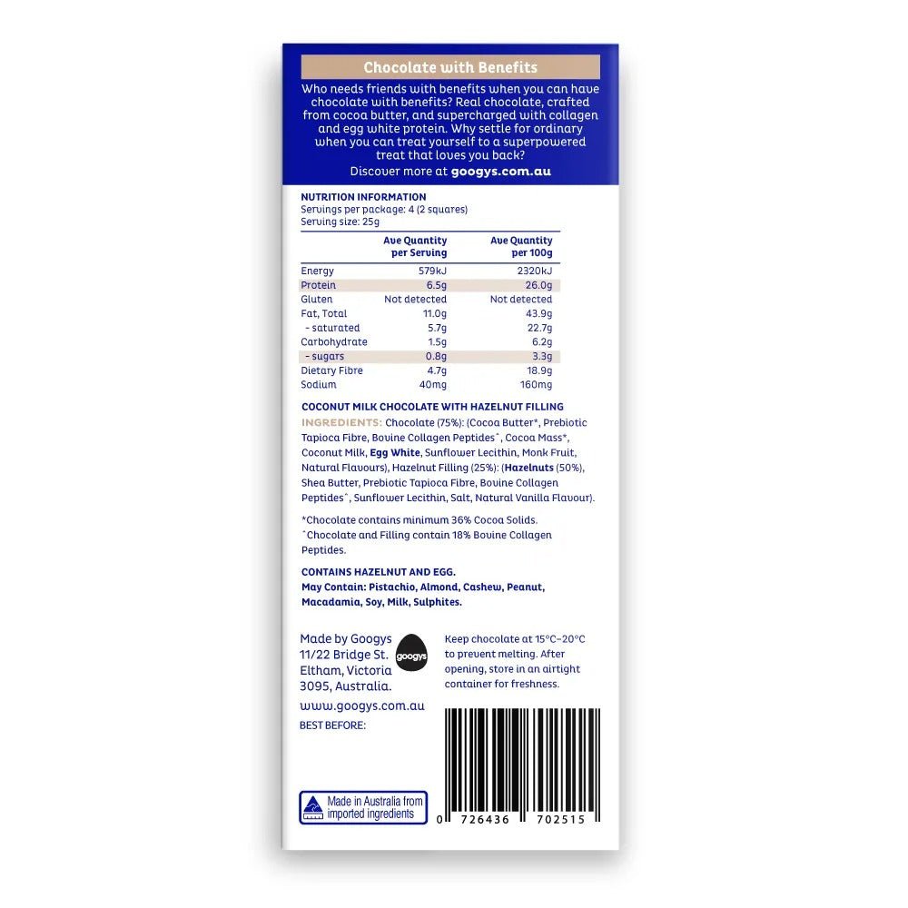 Nutrition facts and ingredients list for Googys Hazelnut Protein Chocolate Bar - 100g with collagen filling, Australian made.