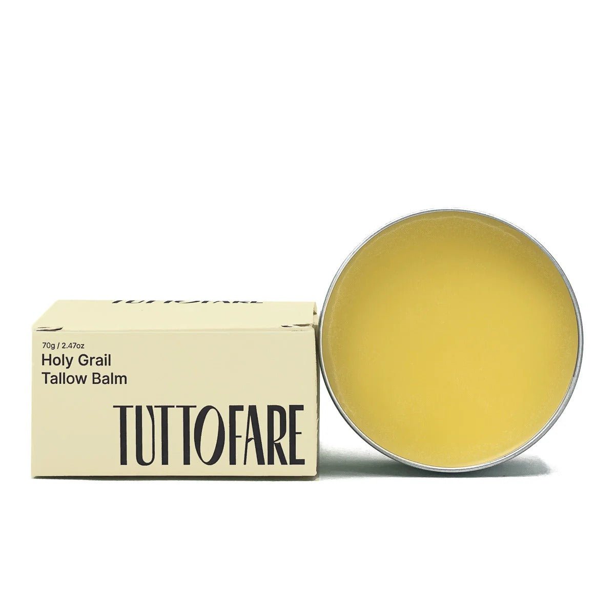 Holy Grail Tallow Balm - 70g by Tuttofare, natural skincare balm in metal tin with branded cream-colored box packaging