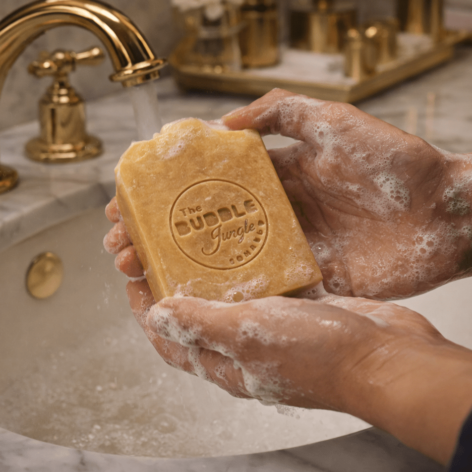 Hands lathering Hoppin’ Cow Tallow Soap - 140g from The Bubble Jungle in a marble sink with gold fixtures.
