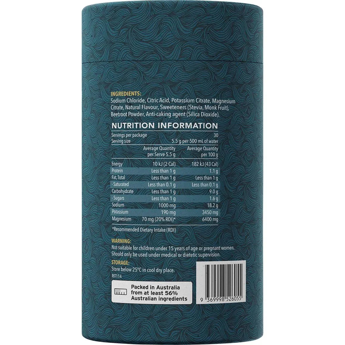 Nutrition label and ingredients list on Ritua Hydrate - Berry - 30 Pack electrolyte drink container in teal packaging.