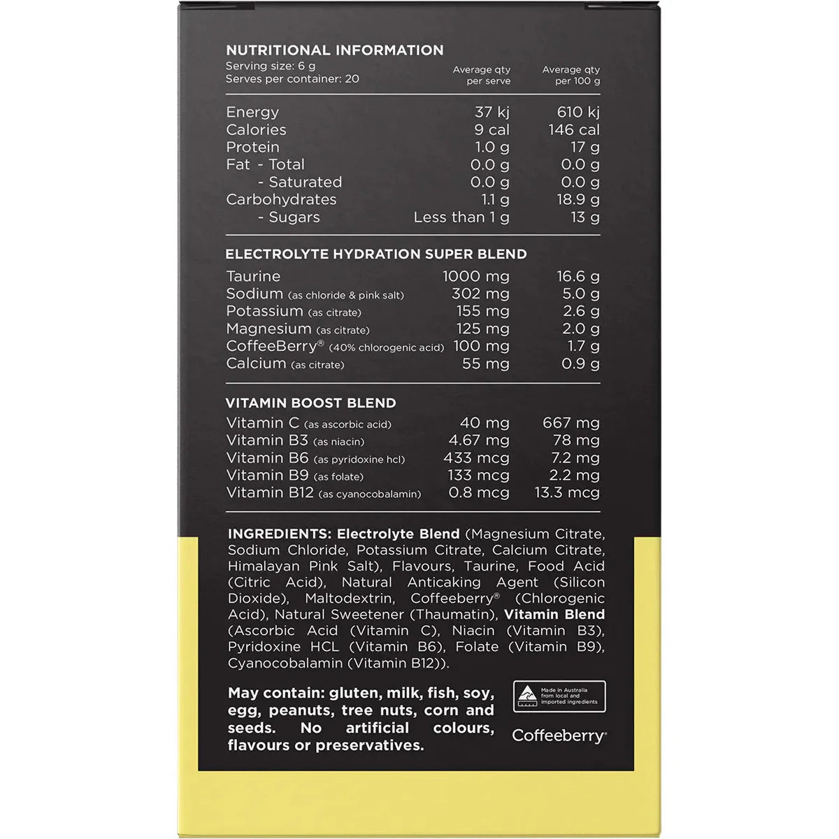 Nutrition facts label showing electrolyte and vitamin blend details for Hydrate Electrolytes - Orange Crush - 20 Pack by Switch Nutrition.