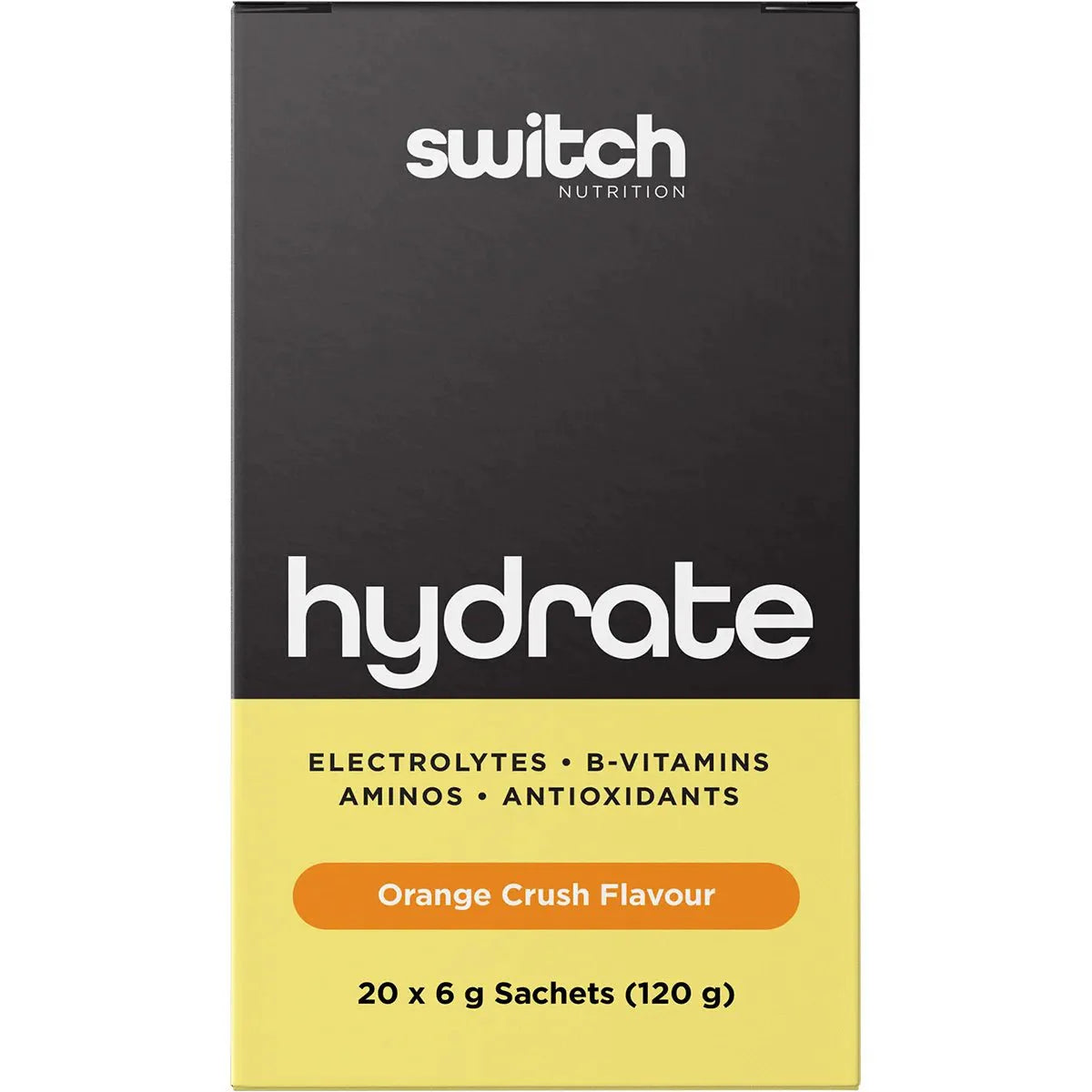 Hydrate Electrolytes - Orange Crush - 20 Pack by Switch Nutrition with B-vitamins, aminos, and antioxidants in yellow and black box.