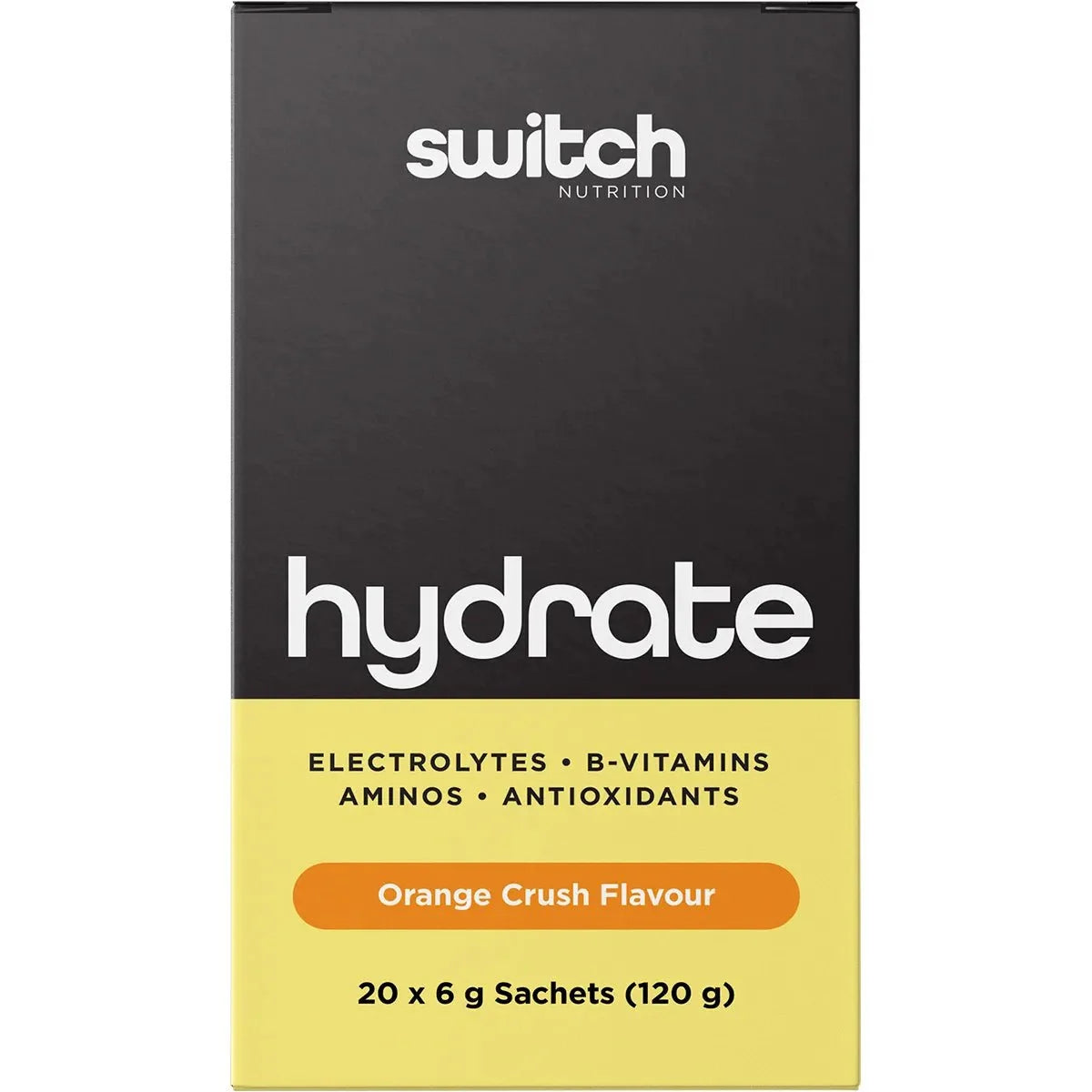 Hydrate Electrolytes - Orange Crush - 20 Pack by Switch Nutrition with B-vitamins, aminos, and antioxidants in yellow and black box.