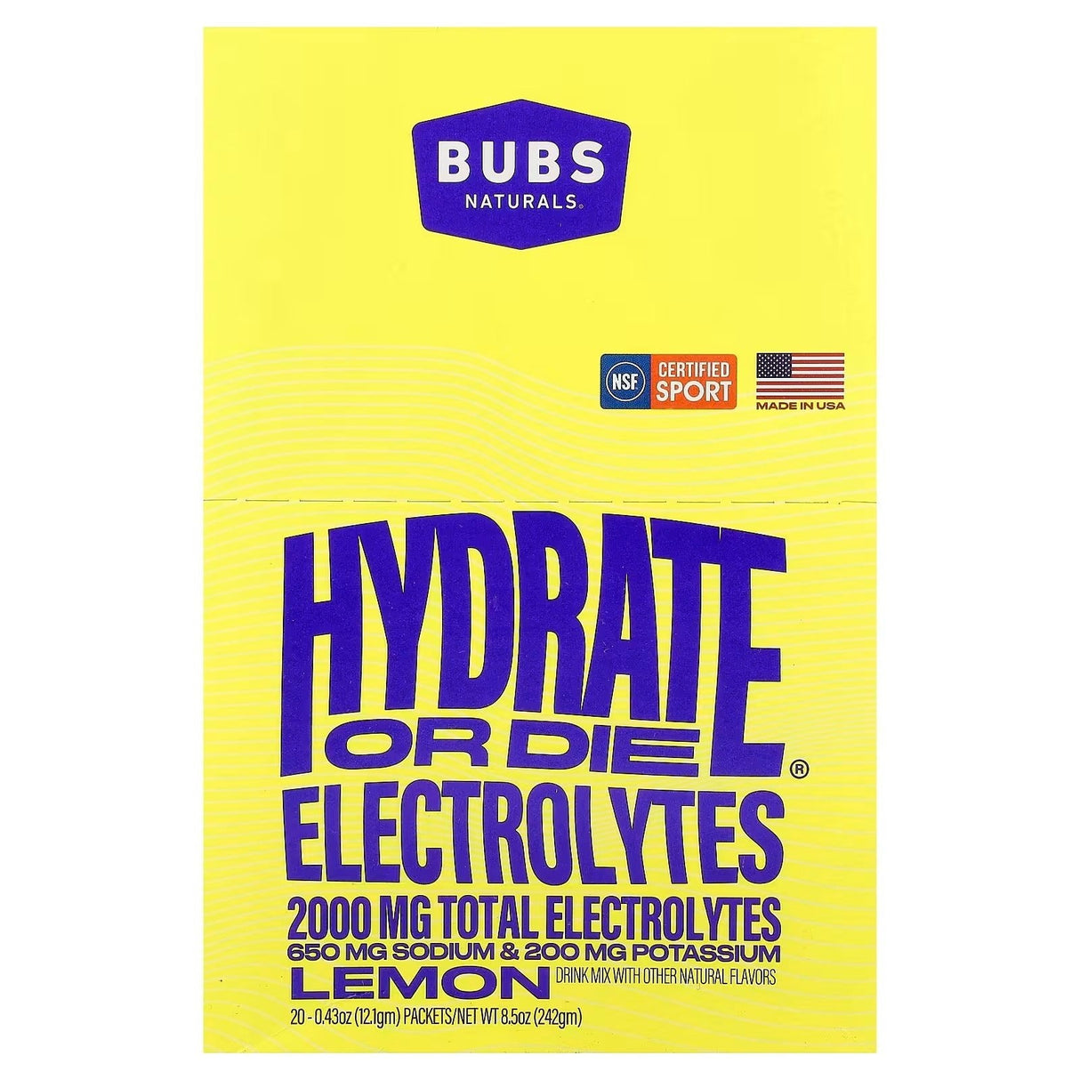 Yellow pack of Hydrate or Die® Electrolytes Drink Mix - Lemon - 20 Sticks by BUBS Naturals with electrolyte information text.