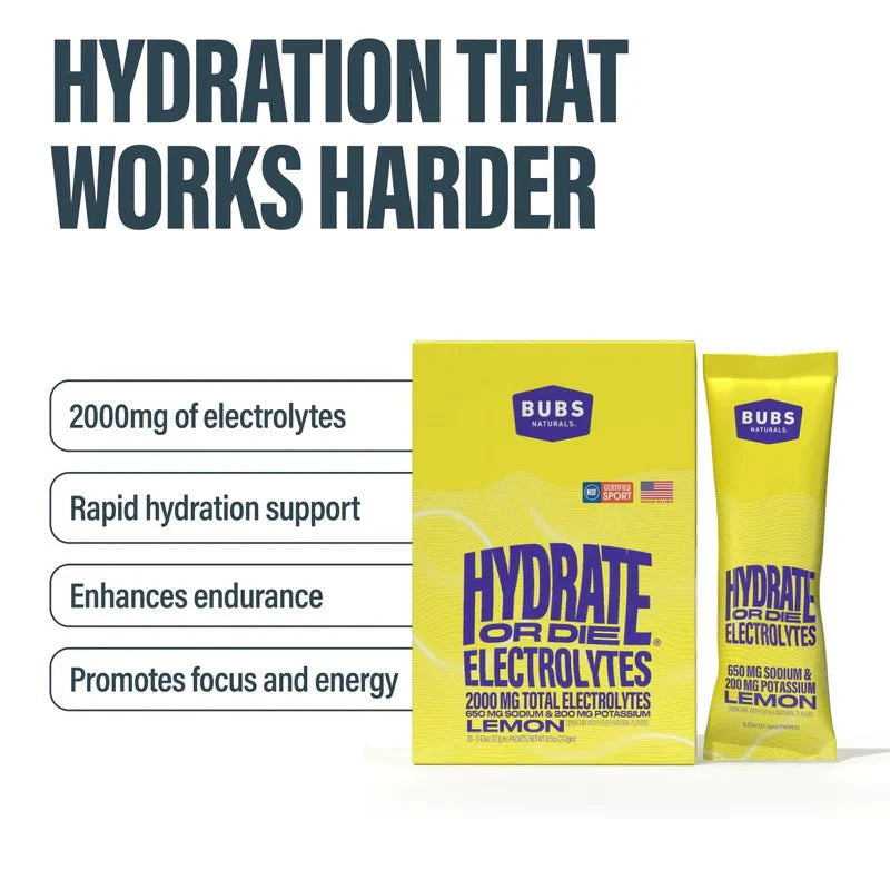 Hydrate or Die® Electrolytes Drink Mix - Lemon - 20 Sticks by BUBS Naturals promoting rapid hydration and endurance support