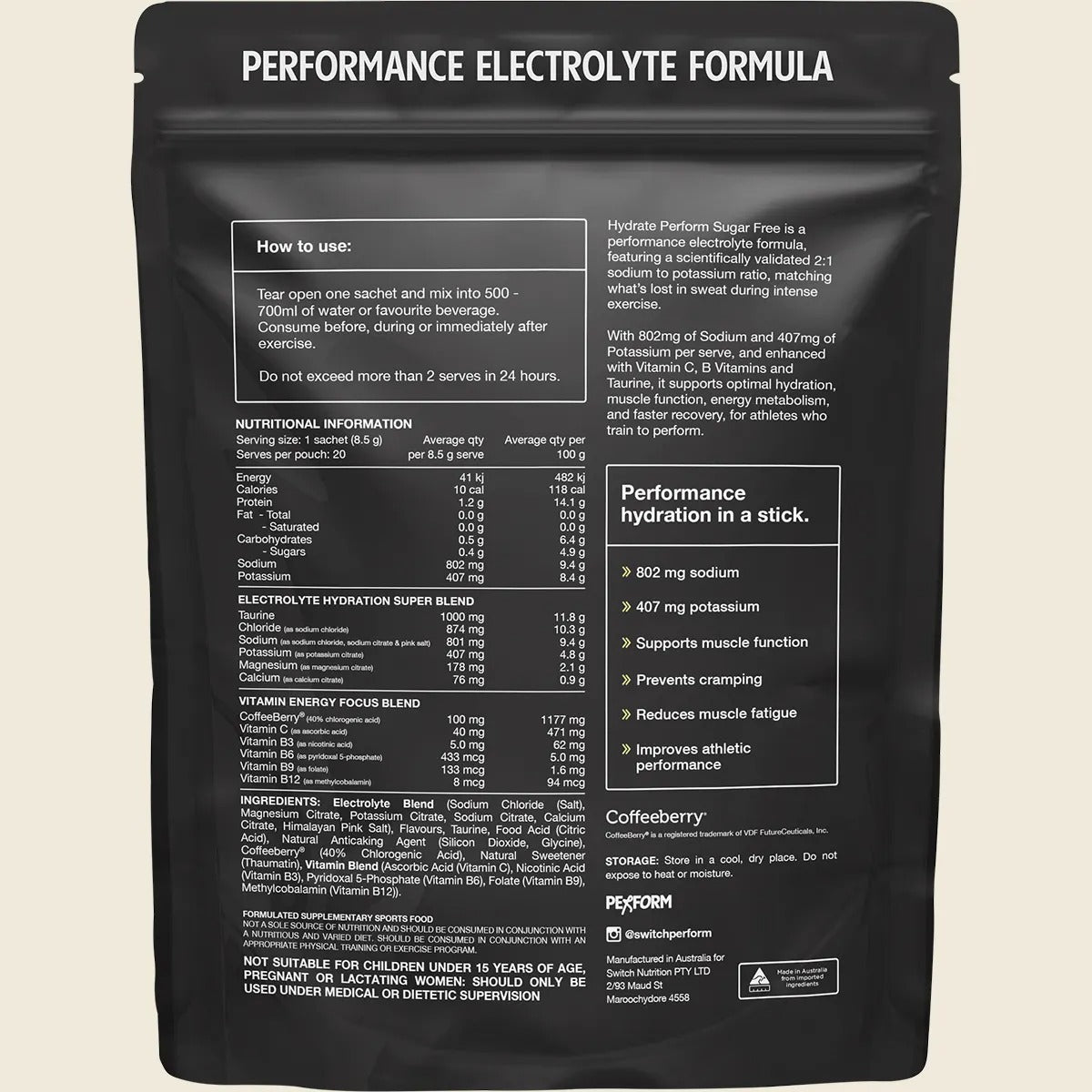 Hydrate Perform - Kiwi Watermelon - 20 Sticks pouch by Switch Nutrition showing performance electrolyte formula details.