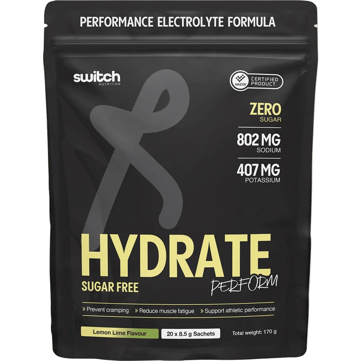 Hydrate Perform Lemon Lime - 20 Sticks by Switch Nutrition in black pouch, sugar free electrolyte drink from Drinks collection