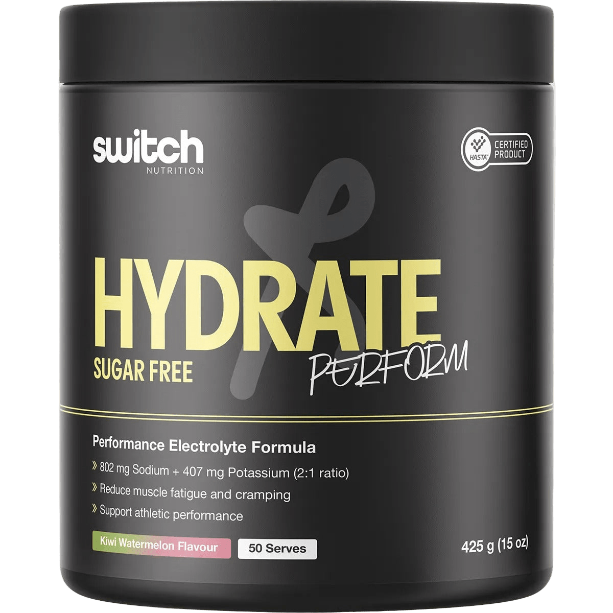 Switch Nutrition Hydrate Perform Sugar Free Kiwi Watermelon - 50 Serves electrolyte powder for athletic hydration and muscle support.