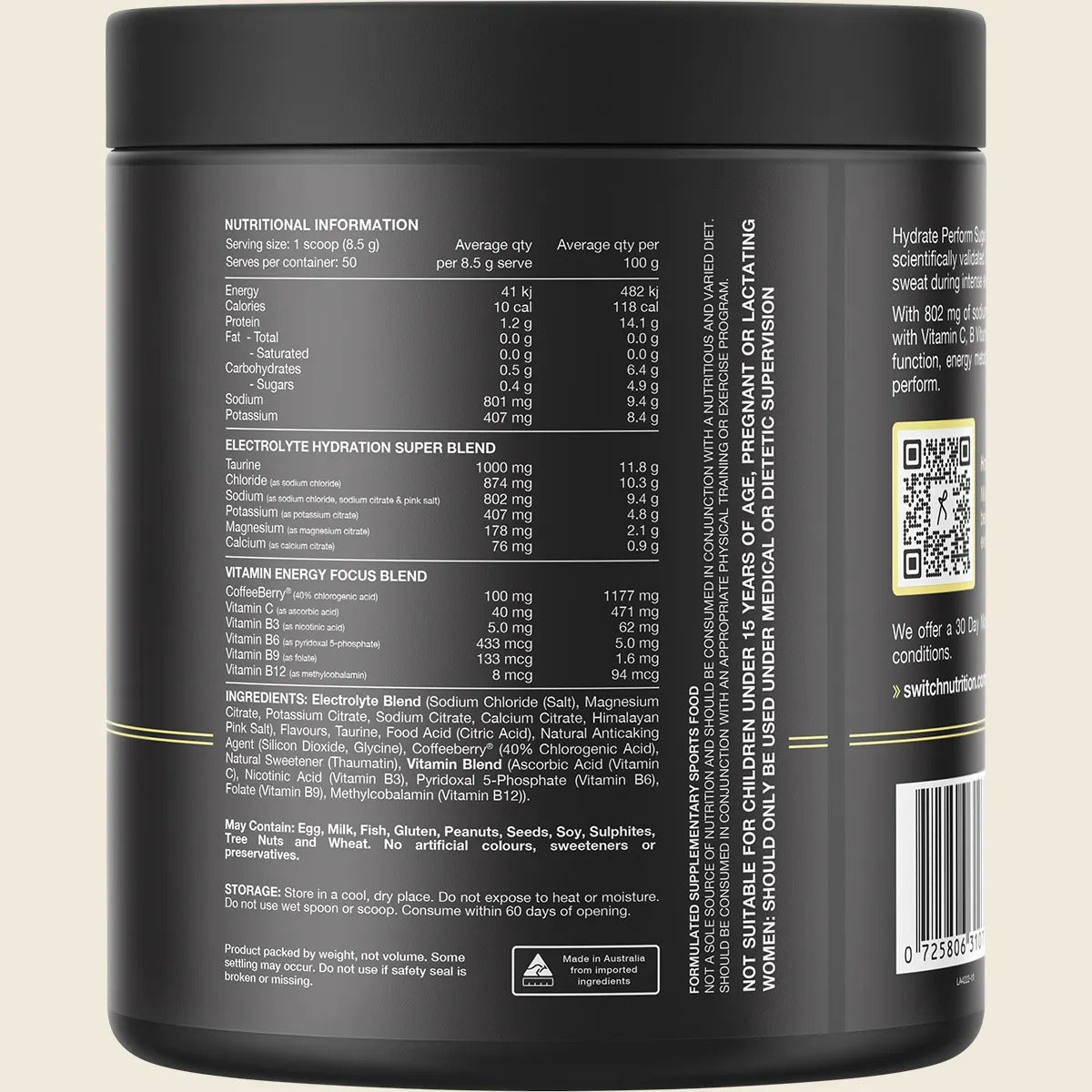 Back of Hydrate Perform Sugar Free Kiwi Watermelon - 50 Serves by Switch Nutrition showing nutrition and ingredient details.
