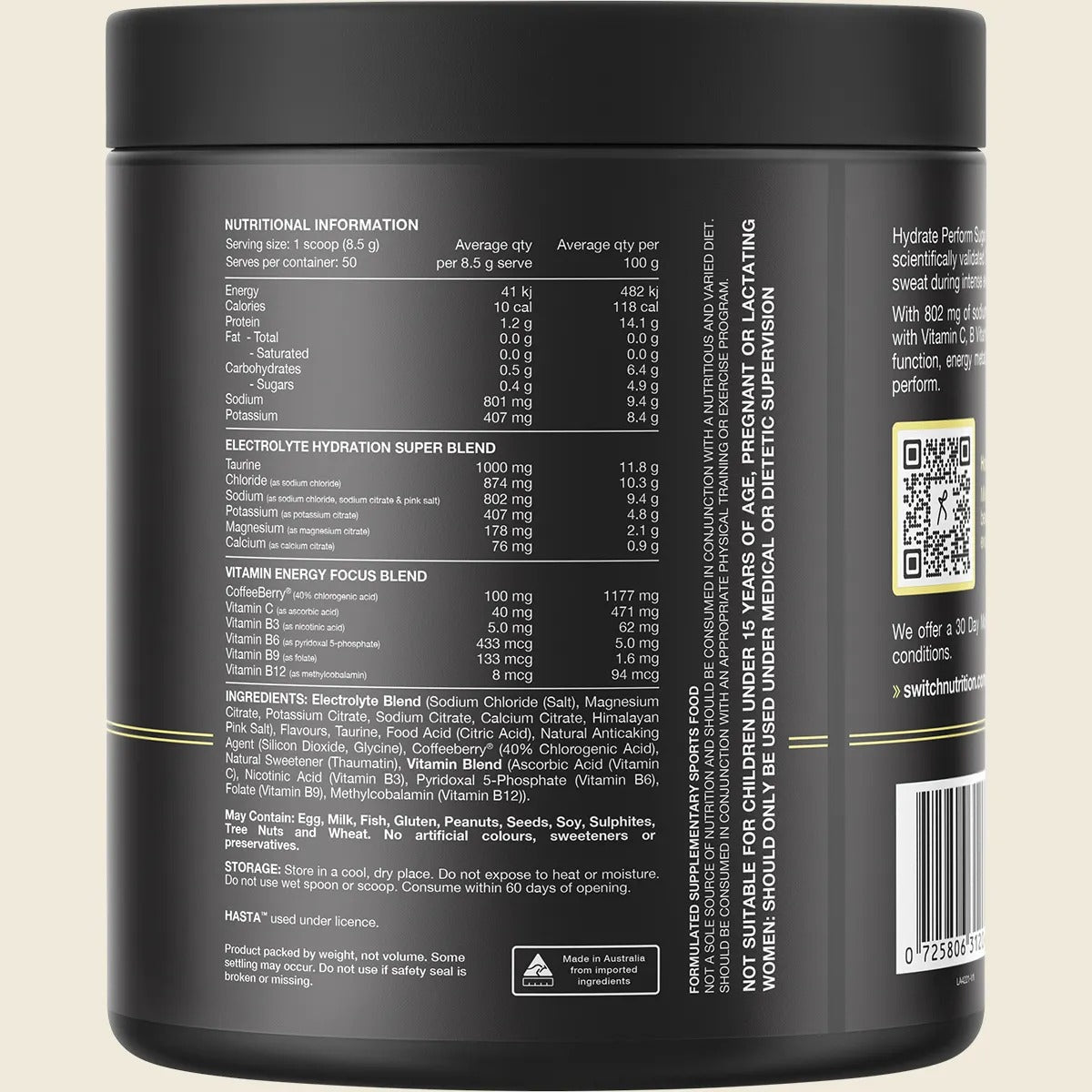 Back of Hydrate Perform Sugar Free Lemon Lime - 50 Serves jar showing nutrition facts and ingredients by Switch Nutrition.