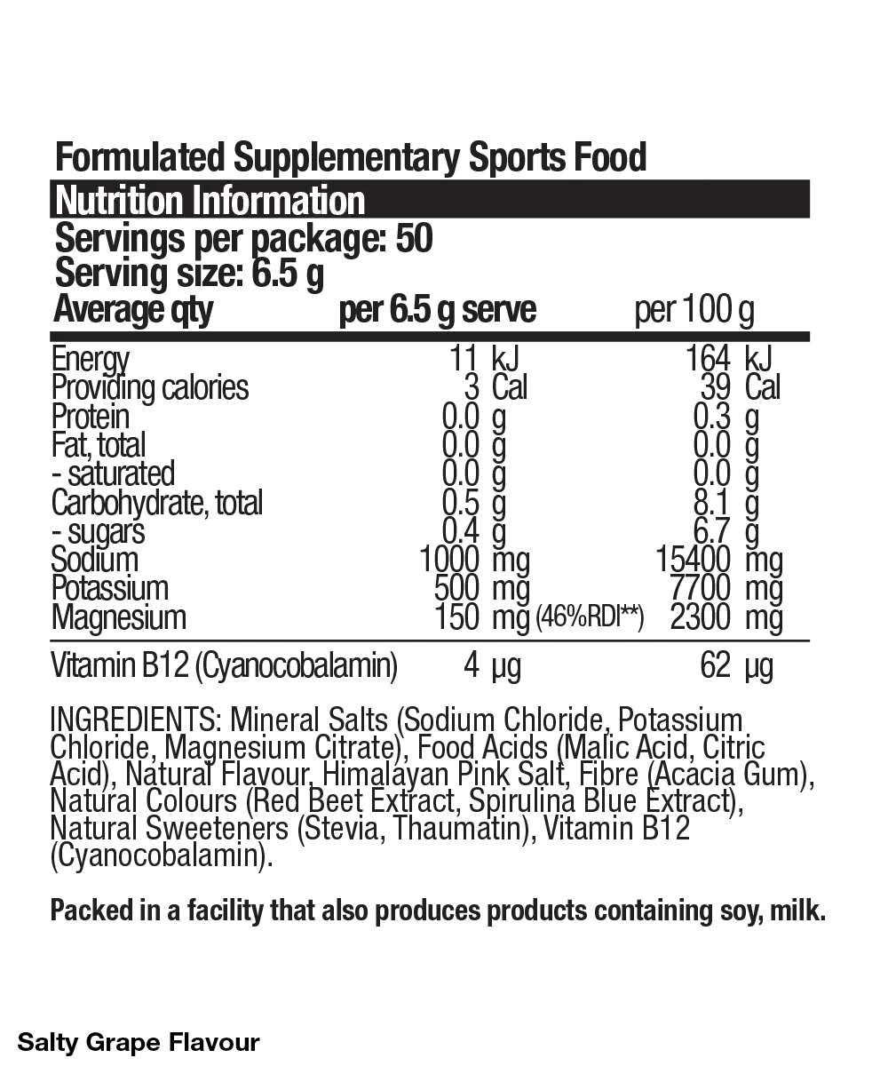 Nutrition information and ingredients label for Hydrate - Salty Grape - 50 serves electrolyte powder by BSc Supplements.