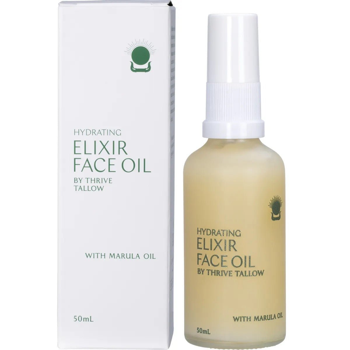 Hydrating Elixir Face Oil - 50ml by Thrive Tallow in frosted bottle and white box with marula oil for skin care.