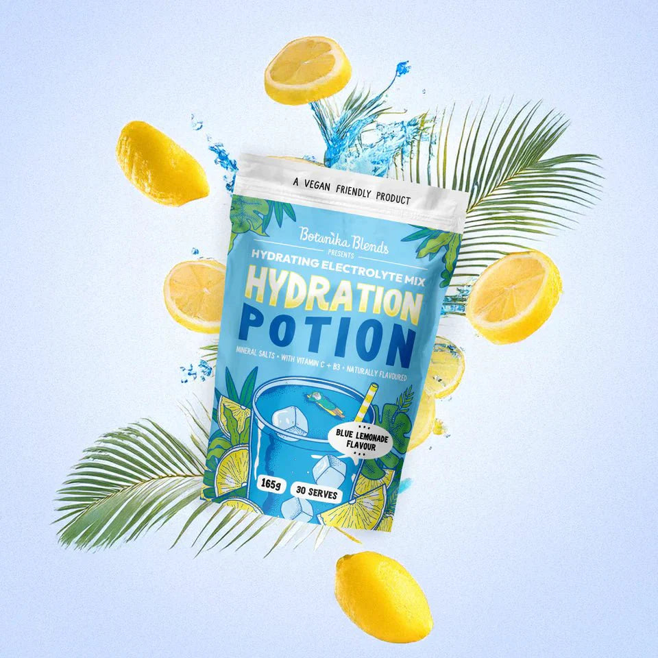 Hydration Potion Blue Lemonade - 165g by Botanika Blends with lemons and tropical leaves for hydration and electrolytes.