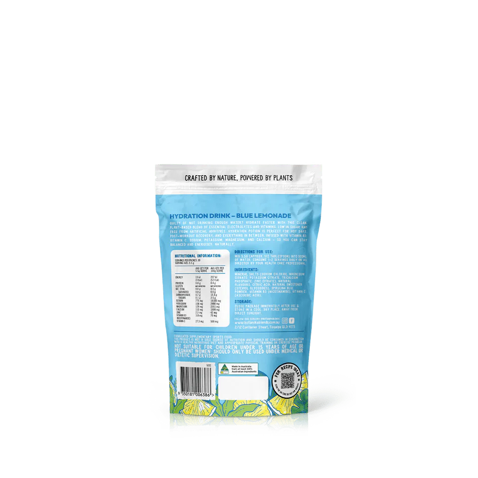 Back of Hydration Potion Blue Lemonade - 165g by Botanika Blends showing nutritional info and usage directions.
