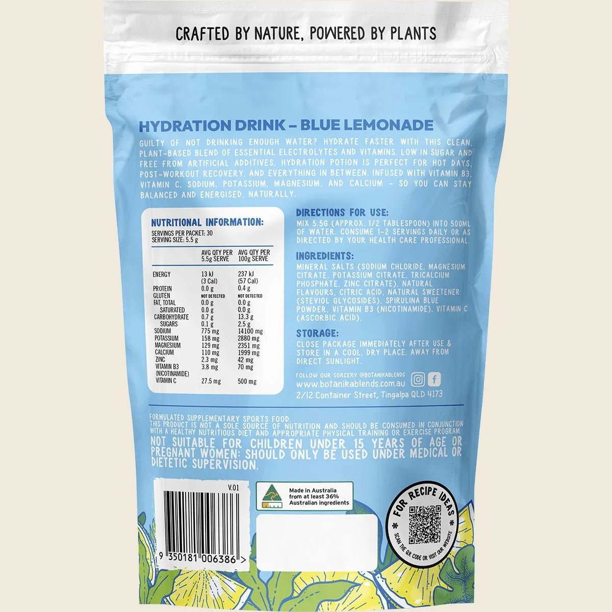 Back of Hydration Potion Blue Lemonade - 165g pouch by Botanika Blends showing ingredients, nutrition, and usage details