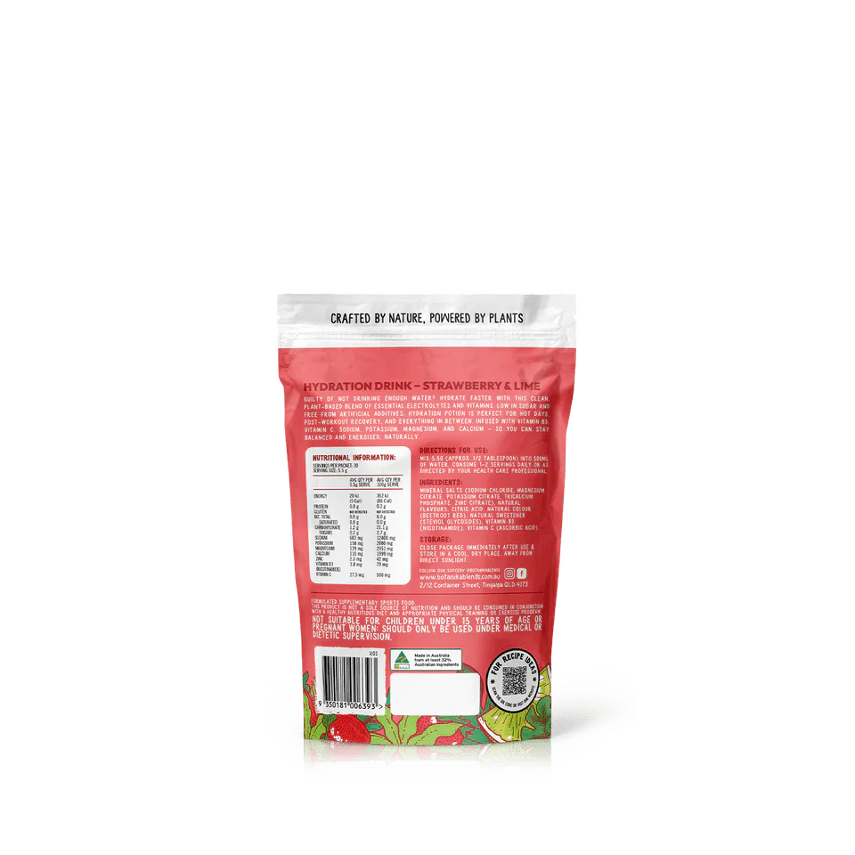 Back of Hydration Potion Strawberry Lime - 165g pouch by Botanika Blends showing nutrition facts and usage directions