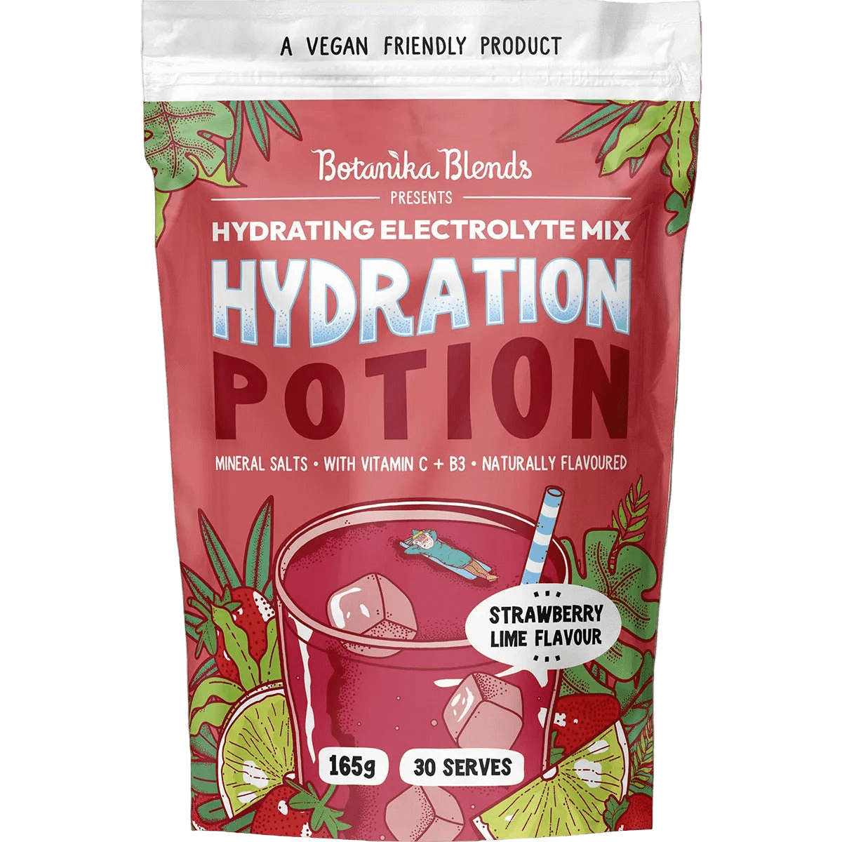 Botanika Blends Hydration Potion Strawberry Lime - 165g electrolyte mix in red pouch, Drinks, Electrolytes, Low Carb collections.