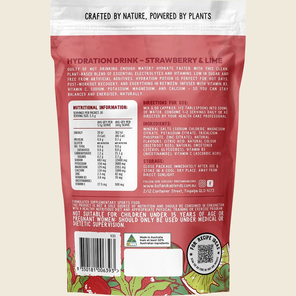 Back of Hydration Potion Strawberry Lime - 165g pouch showing nutritional info, directions, ingredients, and QR code on colorful design