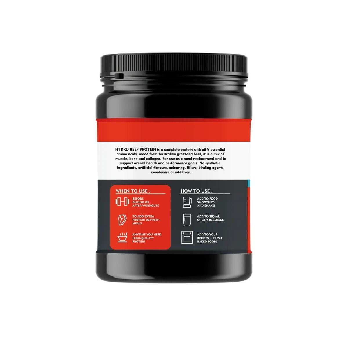 Back label of Hydro Beef Isolate Protein - Australian Grass Fed - 630g by NXGEN Wholefoods with usage and ingredient information.