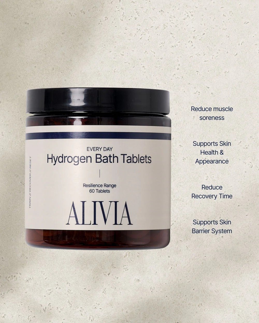 Alivia Hydrogen Bath Tablets - 60pk in amber jar with black lid, promoting muscle relief and skin health benefits.