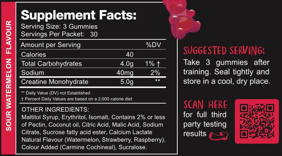 Swoleys Creatine Gummy Bears - Sour Watermelon nutritional label showing 5g creatine, low carb and keto-friendly facts