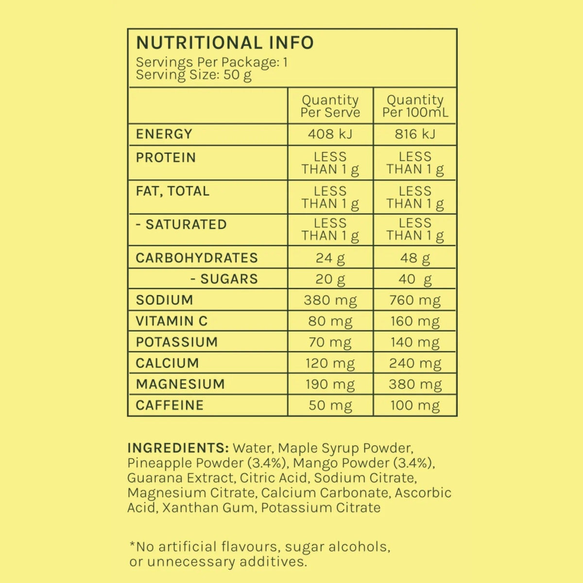 Nutritional info and ingredients for Tropical β Caffeinated Energy Gel - 6 Sachets by Sunday Salt, Drinks and Electrolytes.