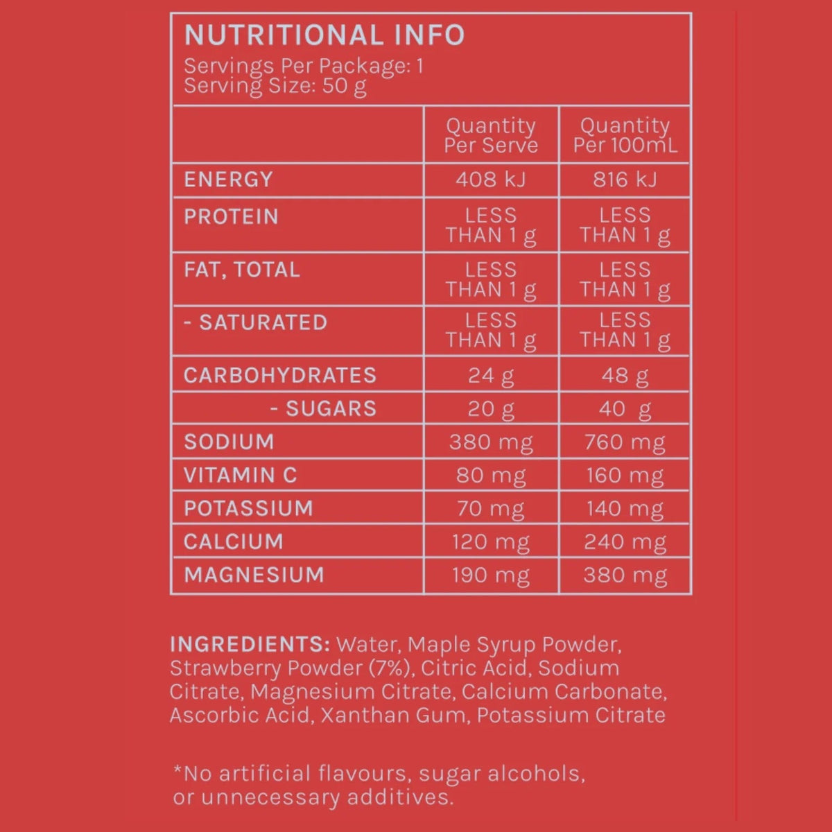 Strawberry – Caffeine-Free Energy Gel - 50g nutritional label by Sunday Salt from Drinks Electrolytes Functional OOS collections