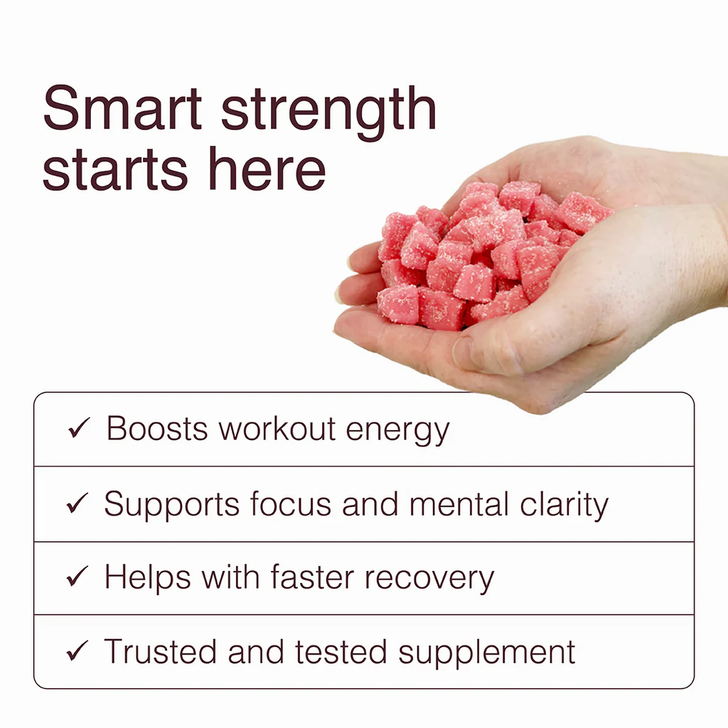 Hand holding Swoleys Creatine Gummy Bears - Sour Watermelon with benefits for energy, focus, recovery, and strength support