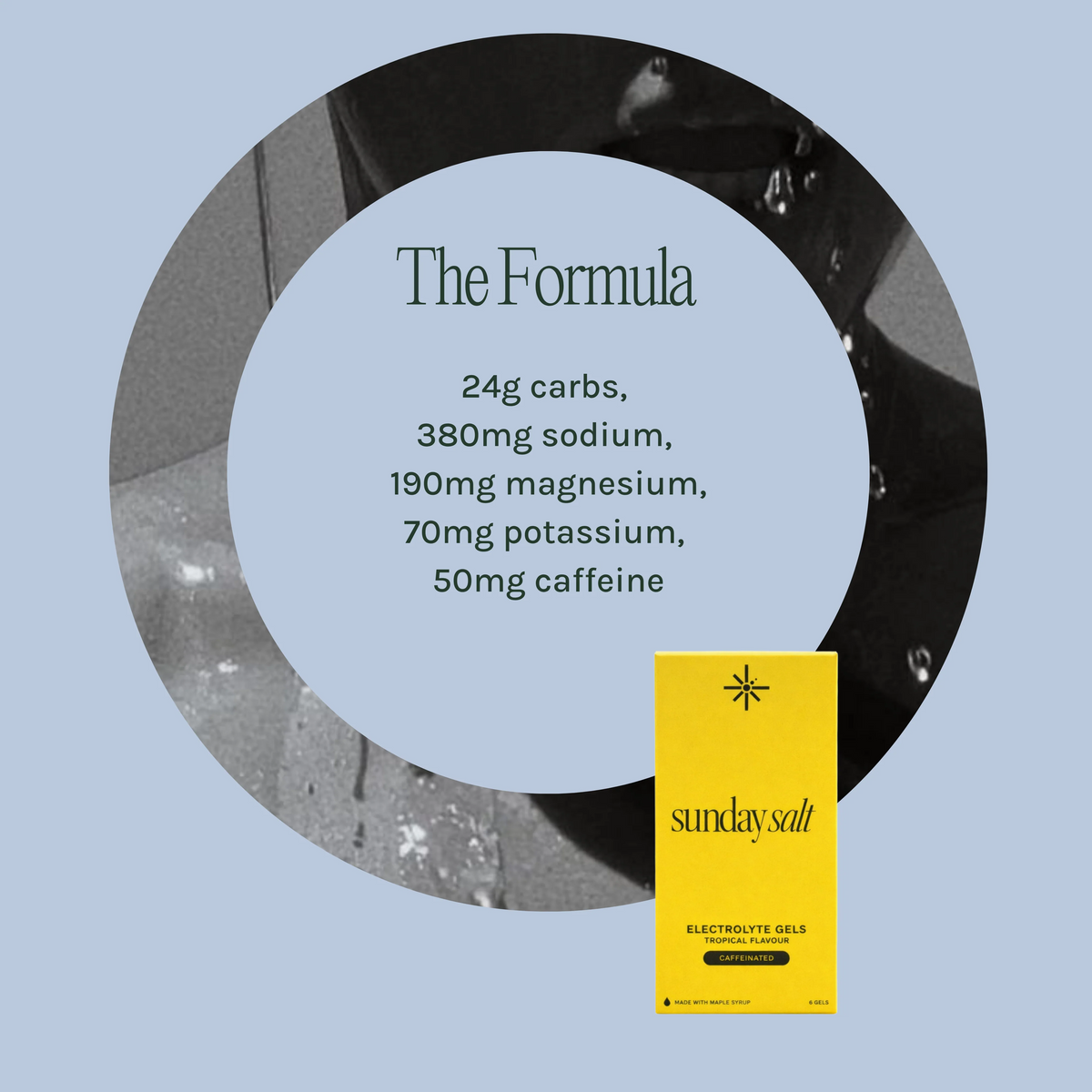 Yellow Sunday Salt Tropical β Caffeinated Energy Gel - 6 Sachets packaging with nutrition facts on a blue background