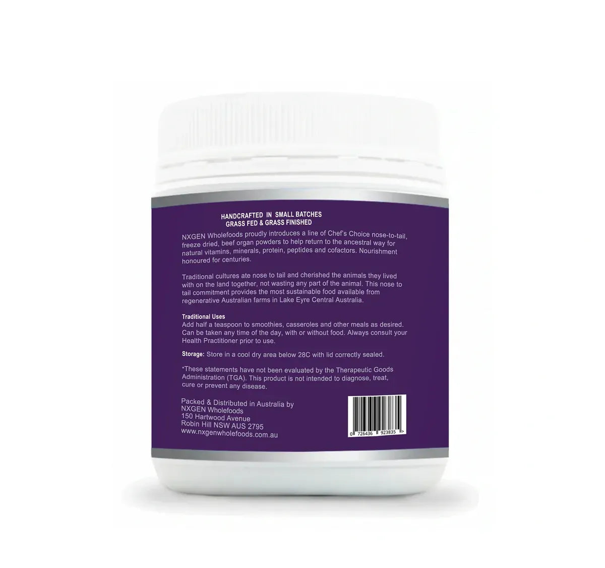 White container of Organic Beef Spleen Powder - 100g by NXGEN Wholefoods, featuring product details on purple label.